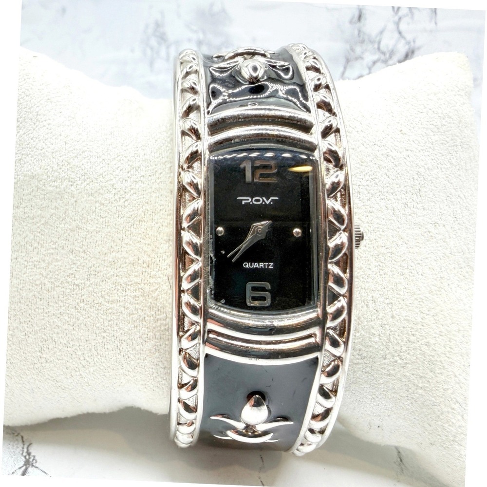P.O.V. Black Enamel Bangle Watch Silver Fleur de Lis New Battery 8" - See Video